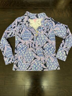 Lilly Pulitzer Lavender and Navy Paisley-Print Long Sleeve Polo